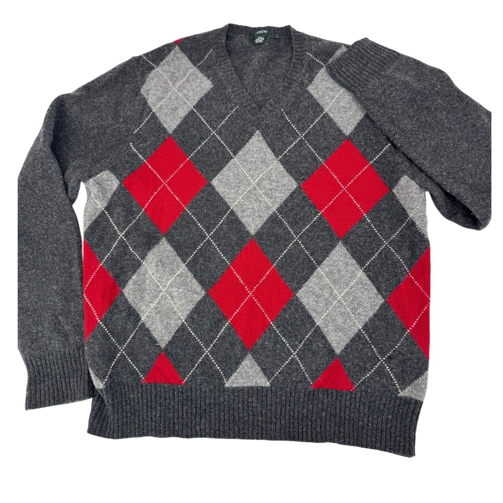J. Crew Men's Argyle Sweater Large Lambswool Gray Red‎ V-Neck Pullover